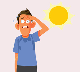 Man Sweating in Hot Weather Vector Cartoon illustration. Unhappy dizzy guy suffering a heat stroke during summertime 
