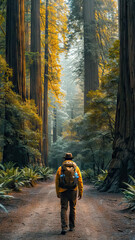 Fototapeta premium Hiker wearing an orange jacket backpack trekking through dense forest on trail, outdoors adventure path surrounded by tall trees