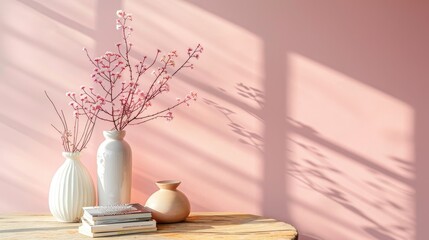 Coffee table with vases and magazines by pink wall