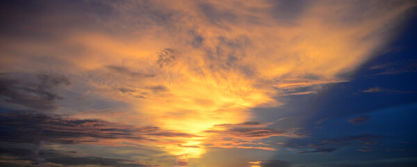 Banner Golden sky sunrise dramatic beautiful landscape view. Dawn sky gold dusk time cloudscape...