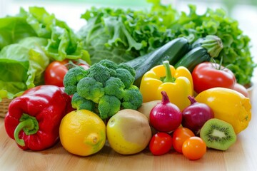 assortment of fresh vegetables and fruits on a wooden table, with bright colors and natural lighting