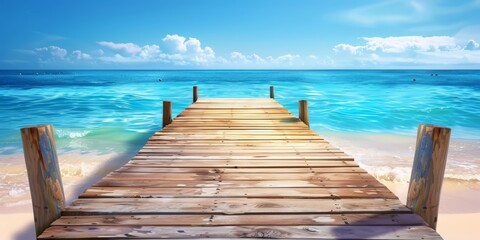 Fototapeta premium A wooden dock extends out to clear blue ocean water on a bright, sunny day with white clouds in the sky