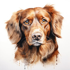 A watercolor painting depicts a brown dog