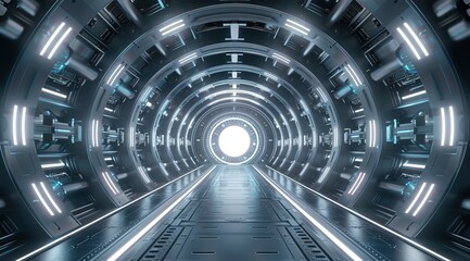 Fototapeta premium 3d rendering of sci-fi dark corridor with white light. Futuristic tunnel with dark metal walls.