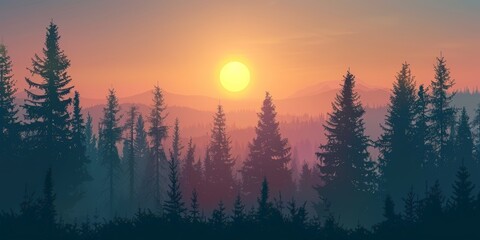 A scenic view of a forested mountain range at sunset, with silhouetted pine trees in the foreground and a hazy, purple-tinged sky in the background