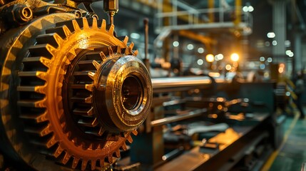 Close-up of a large industrial gear in a manufacturing plant. The background showcases machinery and a well-lit factory floor.