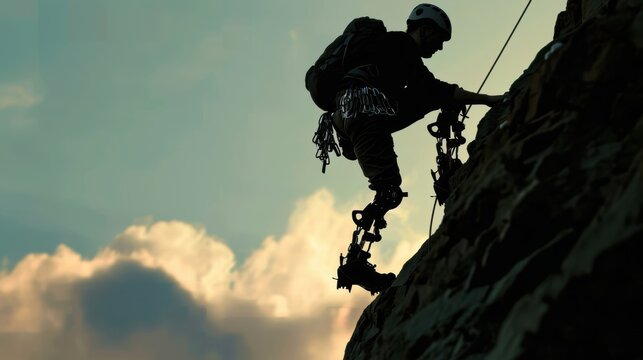 A silhouette of a person with high-performance bionic legs scaling a sheer rock face, defying gravity and showcasing the enhanced mobility of the technology.