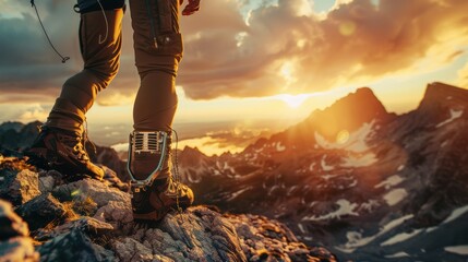 A person with a bionic leg scales a rocky mountain peak, the sunrise casting a golden glow on their determined face and the advanced technology strapped onto their leg.