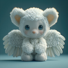 A plush toy bear with angel wings sits on a wooden surface