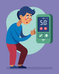 With a furrowed brow a person stares at their smart meter display trying to make sense of the numbers that dont seem to match their usage.. Vector illustration