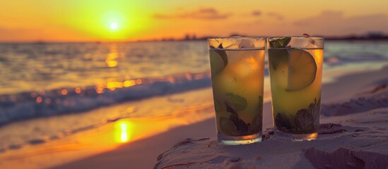 Enjoying two mojito cocktails under the setting sun on the beach