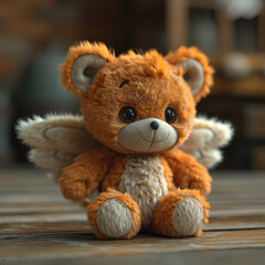 Obraz premium A plush toy bear with angel wings sits on a wooden surface