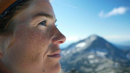 A happy woman smiles in a closeup with a beautiful mountain landscape in the background. She enjoys leisure and recreation while traveling in the natural landscape AIG50
