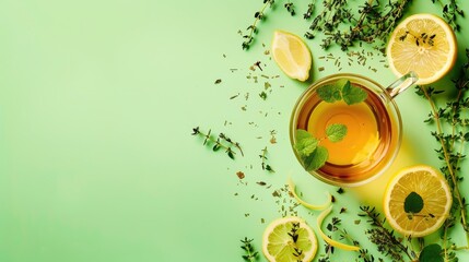 Thyme herbal tea with lemon and herbs on yellow green backdrop Top view with space for text