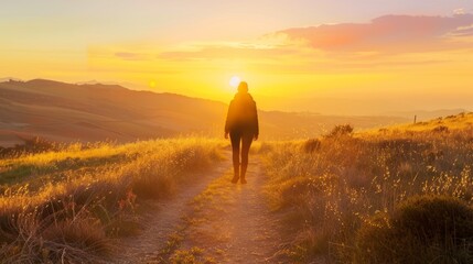 person walking towards the rising sun along a path generative ai