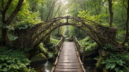 Wooden Bridge in Lush Forest.