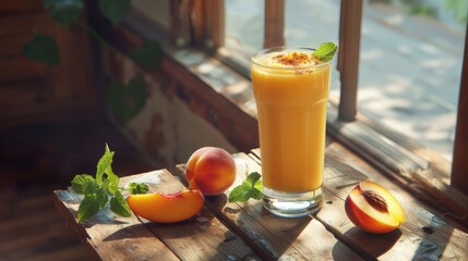 A vibrant peach smoothie sits on a weathered wooden table. Sunlight streams through a window.