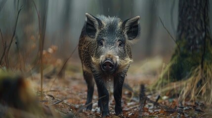 Observing Wild Boar in Forest Wet Dirty and Cute in Spring Woodland