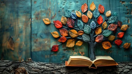 A tree adorned with leaves of books, a symbol of knowledge and growth fostered through creative learning.