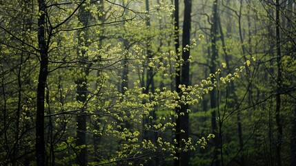 Obraz premium An awesome view of the forest in the morning. Sunlight penetrates the interior of the forest through the trees. Green forest in the background.