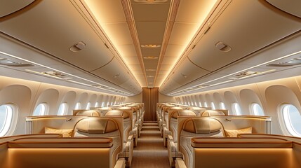 Fototapeta premium The interior of the business class section in commercial airplane. Comfort and luxury. Aesthetic design. Generative AI