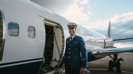 Smiling Airline Pilot in Uniform Standing Beside Airplane Door on a Sunny Day at the Airport