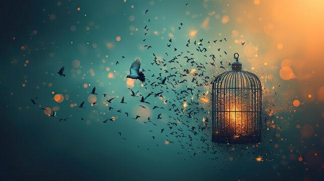 The liberation of words from their confined cage, like birds taking flight, embodies the triumph of creative freedom.