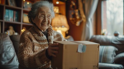 elderly woman with gray hair and glasses holding a small cardboard box while standing in a neatly decorated living room.
