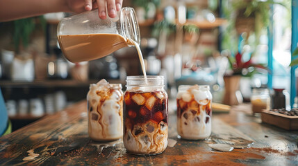 Freshly brewed iced coffee being poured into mason jars with milk, creating a delicious and refreshing beverage.