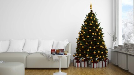 Christmas tree with golden baubles tree indoors (2)