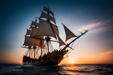 Obraz premium Ancient ship with raised sails at sunset