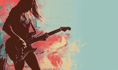 A girl with long hair playing an electric guitar, illustration style, colorful background