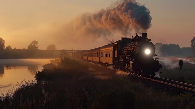 Vintage locomotive chugging with billowing smoke against a dusky sky
 Seamless looping 4k time-lapse virtual video animation background. Generated AI