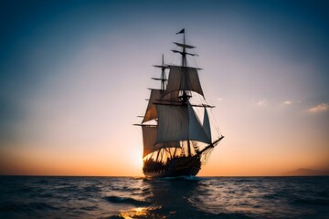 Obraz premium Ancient ship with raised sails at sunset