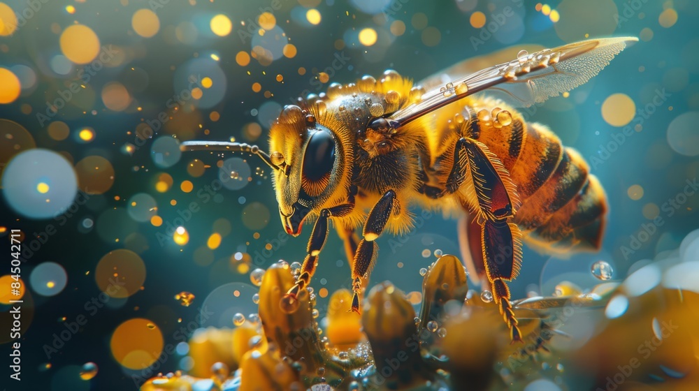 Wall mural small drops of water on the bee generative ai