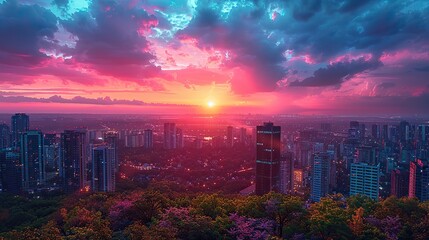 Obraz premium The confluence of a sunset with the urban skyline represents the harmonious integration of natural allure and urban ingenuity.