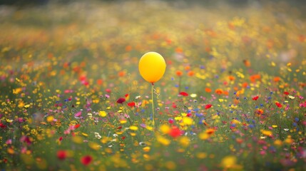 Yellow balloon in a field of flowers. generative ai