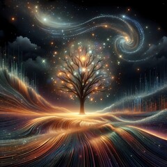 Sparkling trees, sparkling universe, contemporary surrealism, moon, dark stars, light, planets, artwork, Generative AI