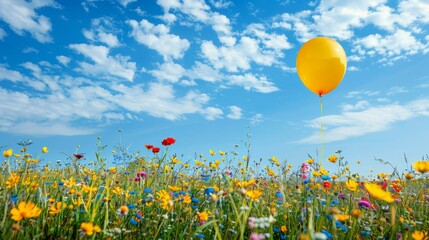 Naklejka premium Yellow balloon in a field of flowers. generative ai