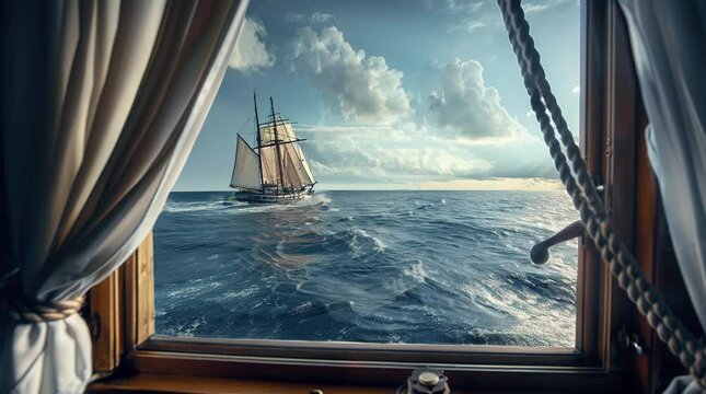 Majestic ship sailing on the ocean viewed from a ship window in tranquil waters
 Seamless looping 4k time-lapse virtual video animation background. Generated AI