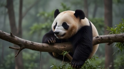 Obraz premium Lazy Panda Bear Sleeping on a Tree Branch China Wildlife.generative.ai