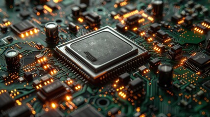 A magnified perspective reveals the intricate circuitry of a high-performance GPU (graphics processing unit) chip, embedded into a verdant motherboard, showcasing the technological advancements that e