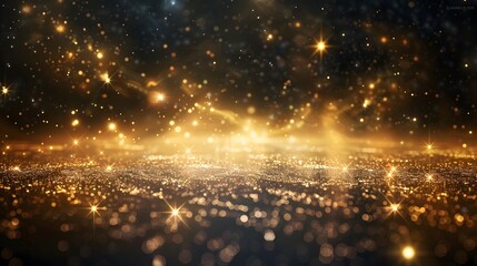 Naklejka premium Abstract background shining golden floor ground particles stars dust. Futuristic glittering in space on black background. 
