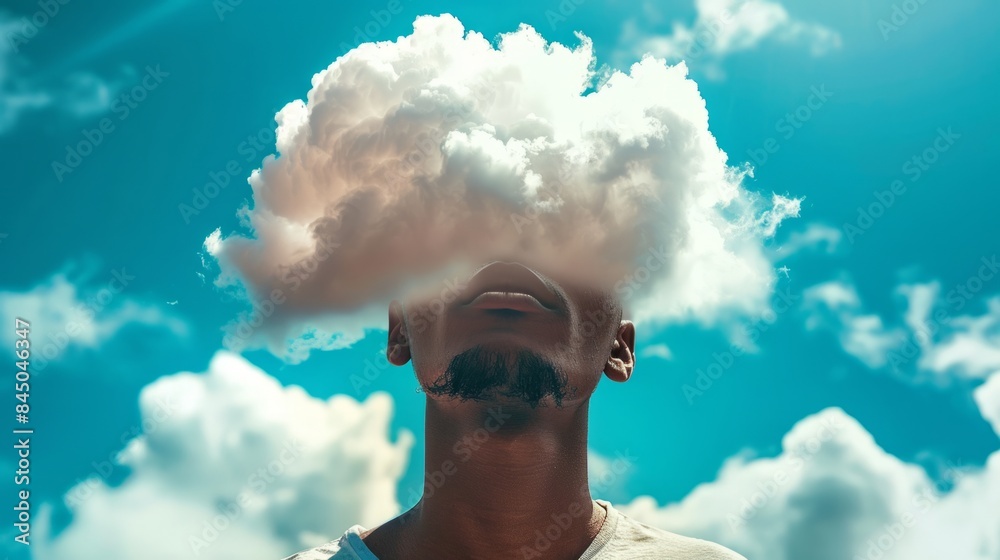 Wall mural young man, fluffy cloud in the young man's head, confused thoughts generative ai - Wall murals
