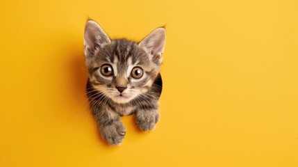 Adorable gray tabby kitten with big eyes on yellow background Cute cat emerges from hole on colorful backdrop Text space available