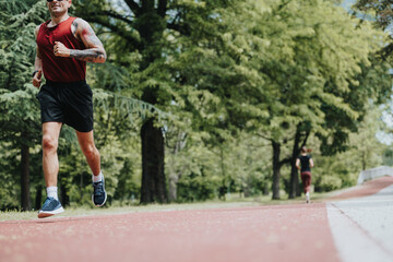 Obraz premium Two athletic men engaged in running on a red track in a lush green park, illustrating dedication and vitality in workout routines.