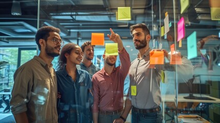 A diverse team of professionals joyfully collaborates using sticky notes on a glass wall in a vibrant, modern office. AIG41