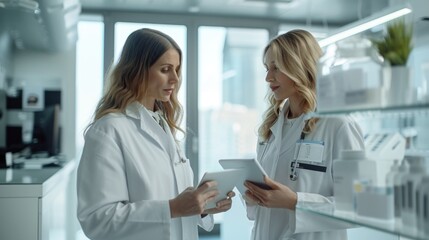 Two female scientists in white lab coats carefully examining information displayed on a tablet device.