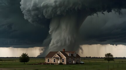 Tornado forming destruction over a populated landscape with a house on its way.generative.ai