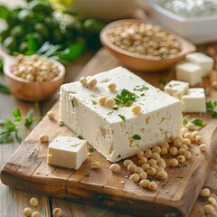 Feta cheese and tofu on a wooden board with soy beans in the background
